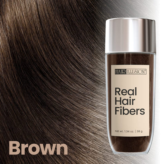 Hair Illusion fiber application close-up blends fibers with real hair