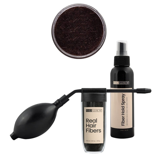 Hair Illusion hold spray bottle demonstrates all-day, natural-looking control.