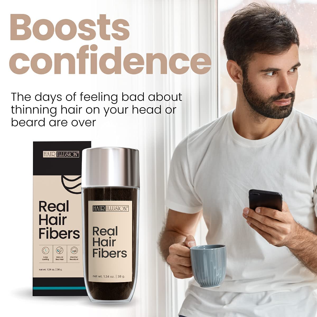 Hair Illusion real hair fibers close-up reveal seamless blend with existing hair.