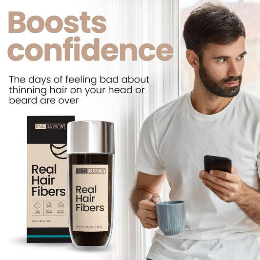 Hair Illusion real hair fibers close-up reveal seamless blend with existing hair.