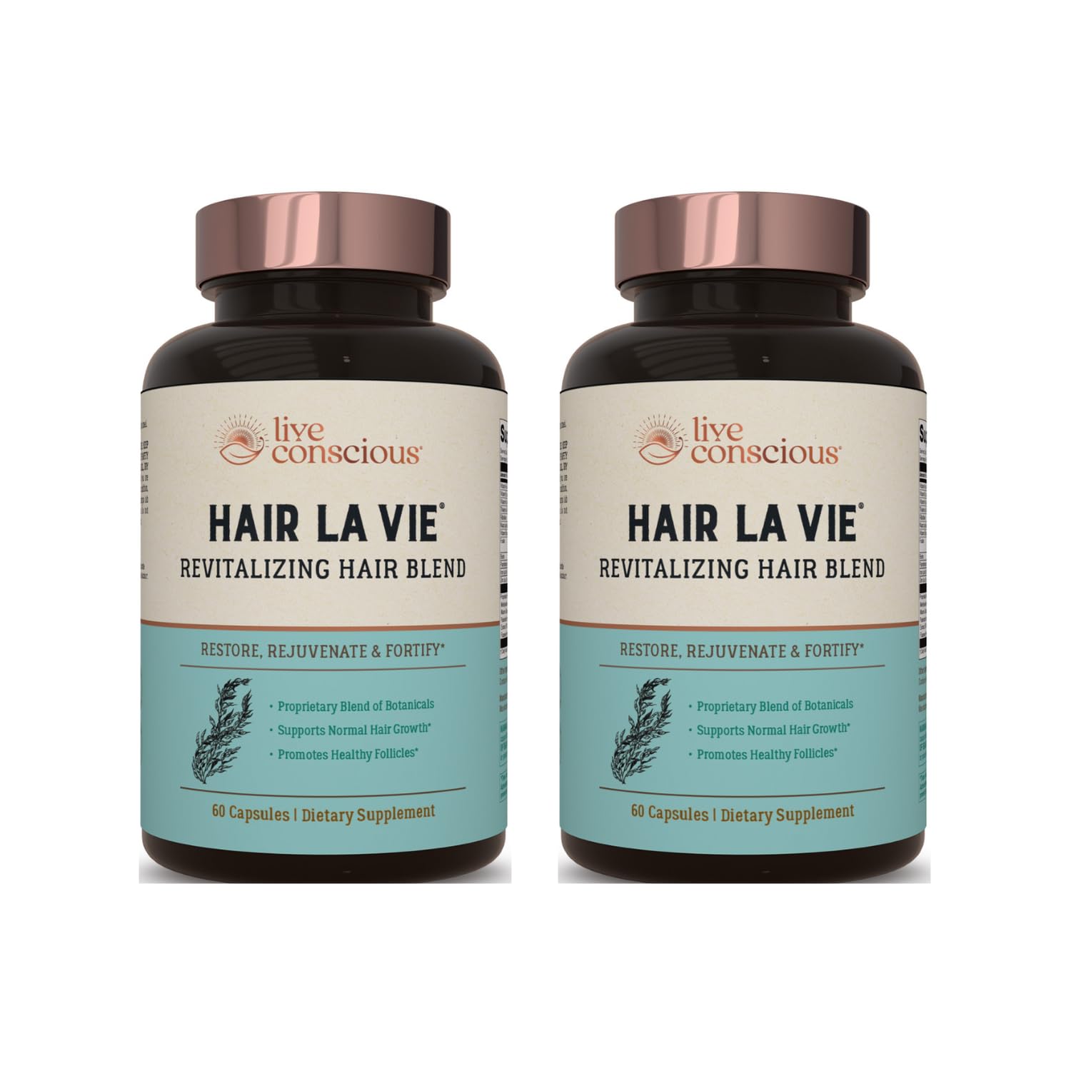 Hair La Vie Revitalizing Blend bottle showcases capsules for hair health.
