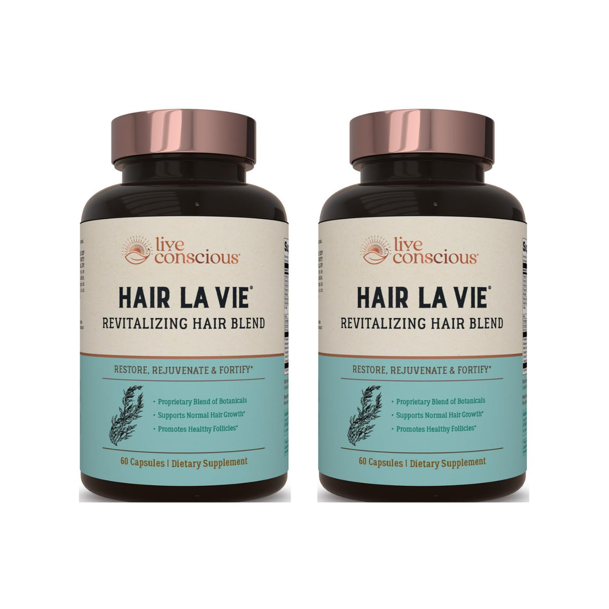 Hair La Vie Revitalizing Blend bottle showcases capsules for hair health.