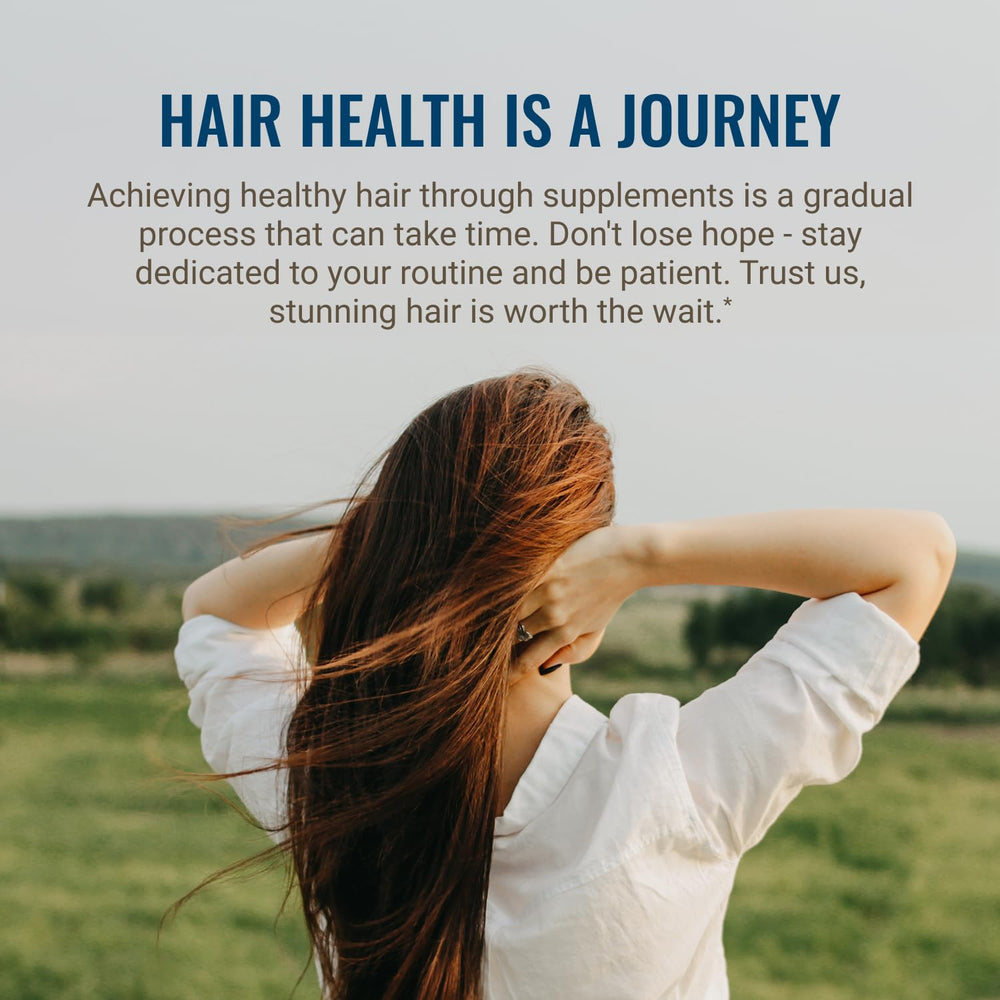Ingredients graphic highlighting biotin, collagen, and saw palmetto within the blend.