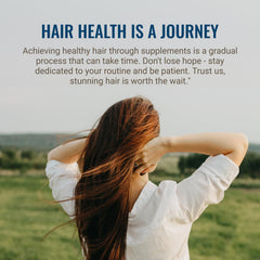 Ingredients graphic highlighting biotin, collagen, and saw palmetto within the blend.