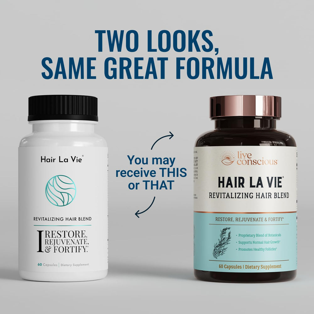 Third-party test badge visible on Hair La Vie Revitalizing Blend packaging.