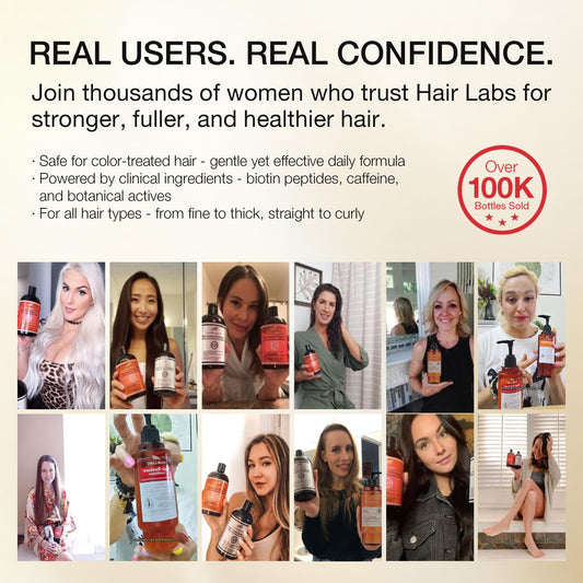 Hair Labs Biotin Peptide Shampoo bottle back highlights nourishing ingredients for follicles.