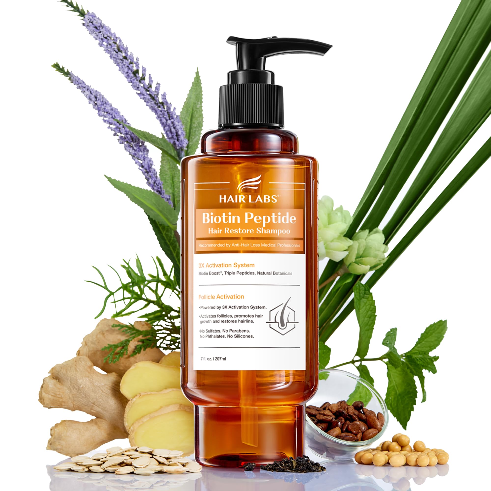 Hair Labs Biotin Peptide Hair Restore Shampoo bottle front promotes fuller-looking roots.