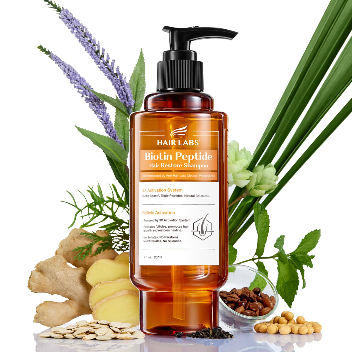 Hair Labs Biotin Peptide Hair Restore Shampoo bottle front promotes fuller-looking roots.