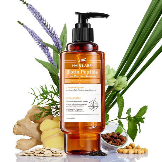 Hair Labs Biotin Peptide Hair Restore Shampoo bottle front promotes fuller-looking roots.