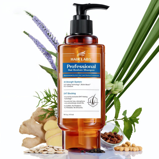 Hair Labs professional-strength shampoo bottle demonstrates DHT blocker benefits for thinning hair.