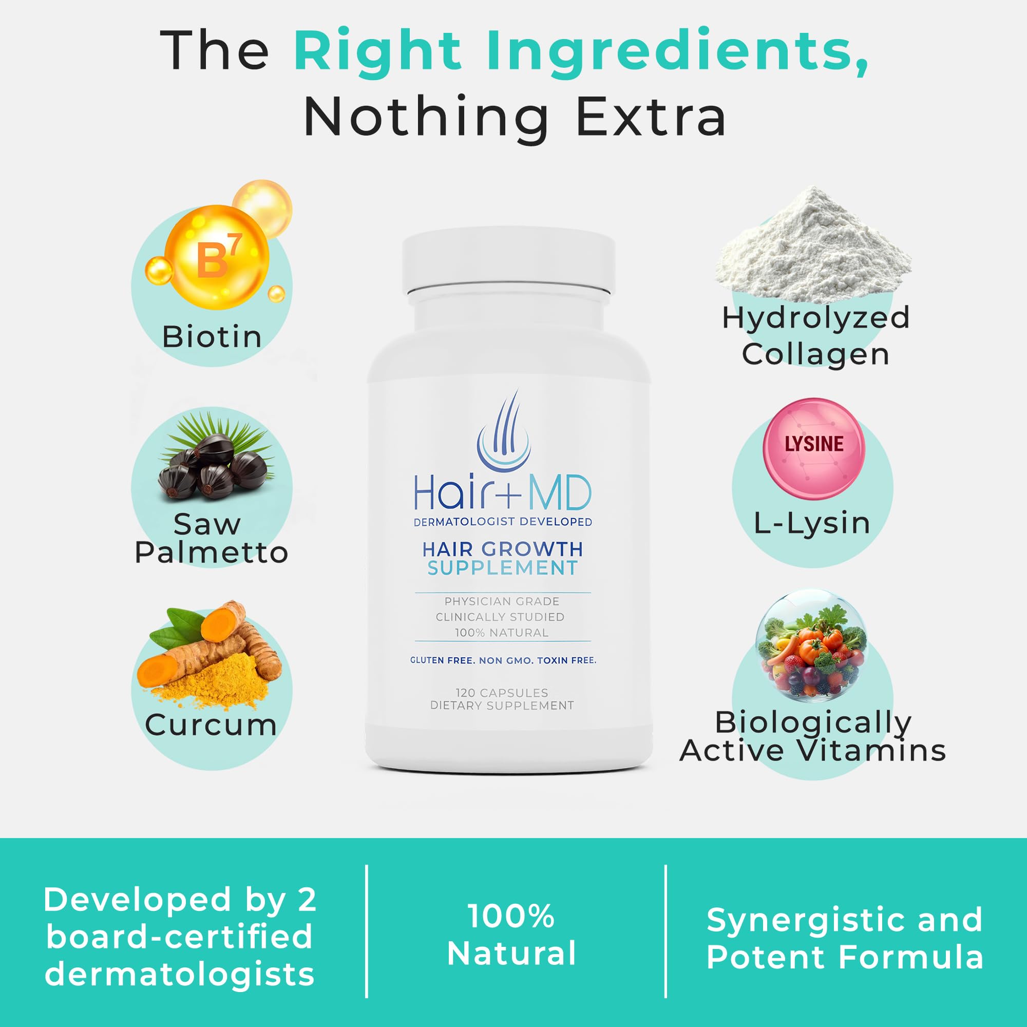 Hair Plus MD label emphasizing dermatologist-developed, gluten-free and non-GMO quality