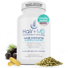 Hair Plus MD bottle showing dermatologist-developed hair growth formula for daily support