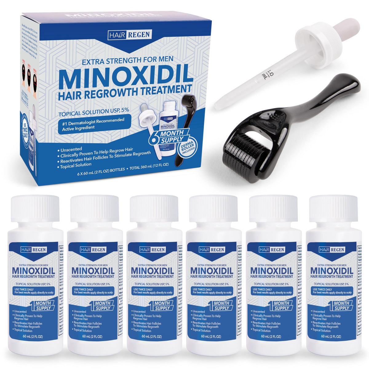 Hair Regen minoxidil 5% bottle for daily scalp application.