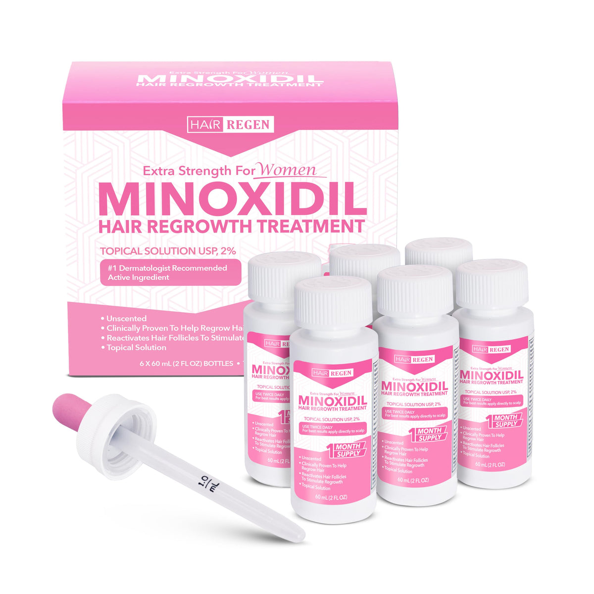 Hair Regen 2% minoxidil bottle for at-home scalp care and daily use.
