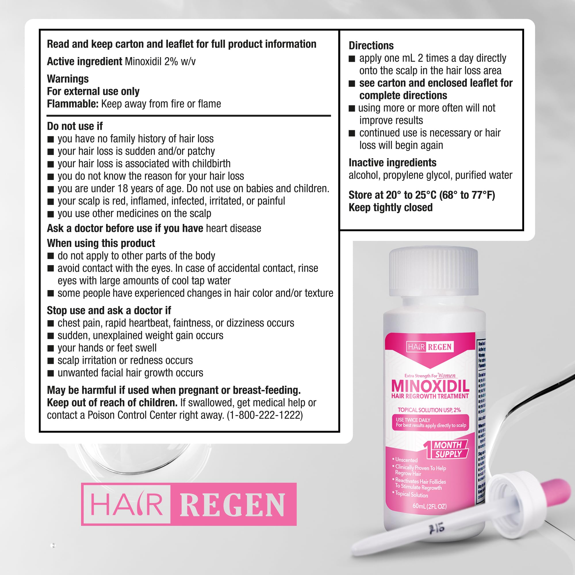 Hair Regen 2% minoxidil dropper enables precise crown application.