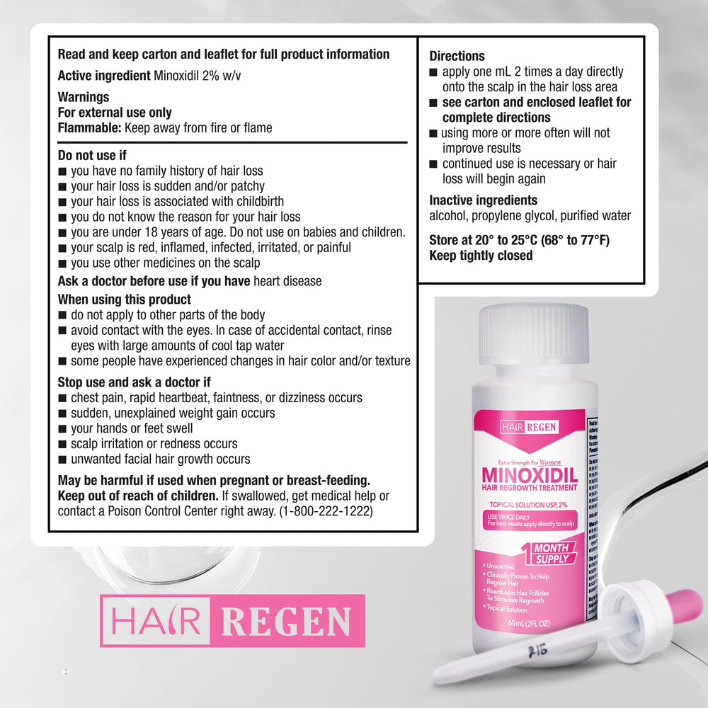 Hair Regen 2% minoxidil dropper enables precise crown application.