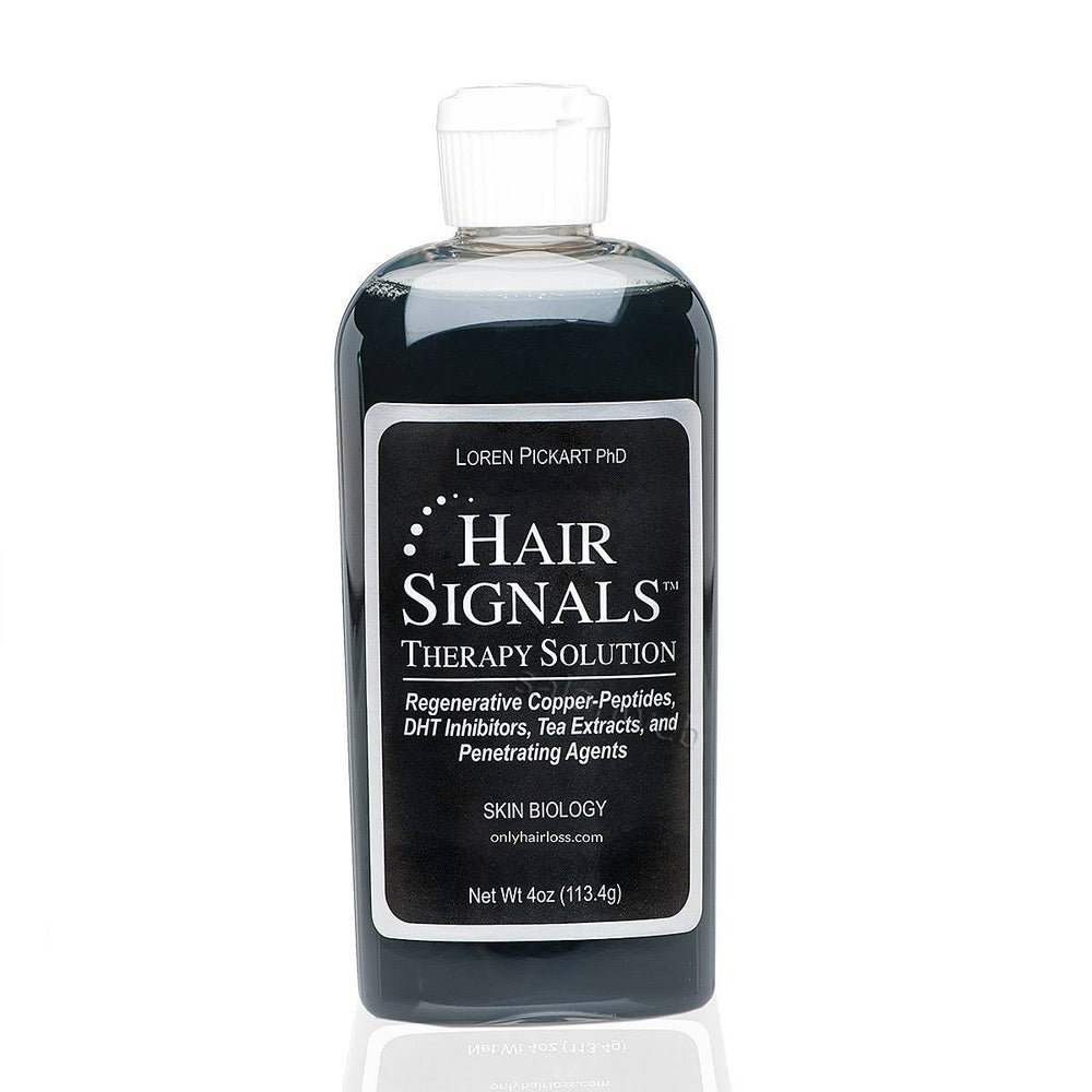 Hair Signals Copper Peptides Therapy Solution bottle pouring for scalp support and hair appearance