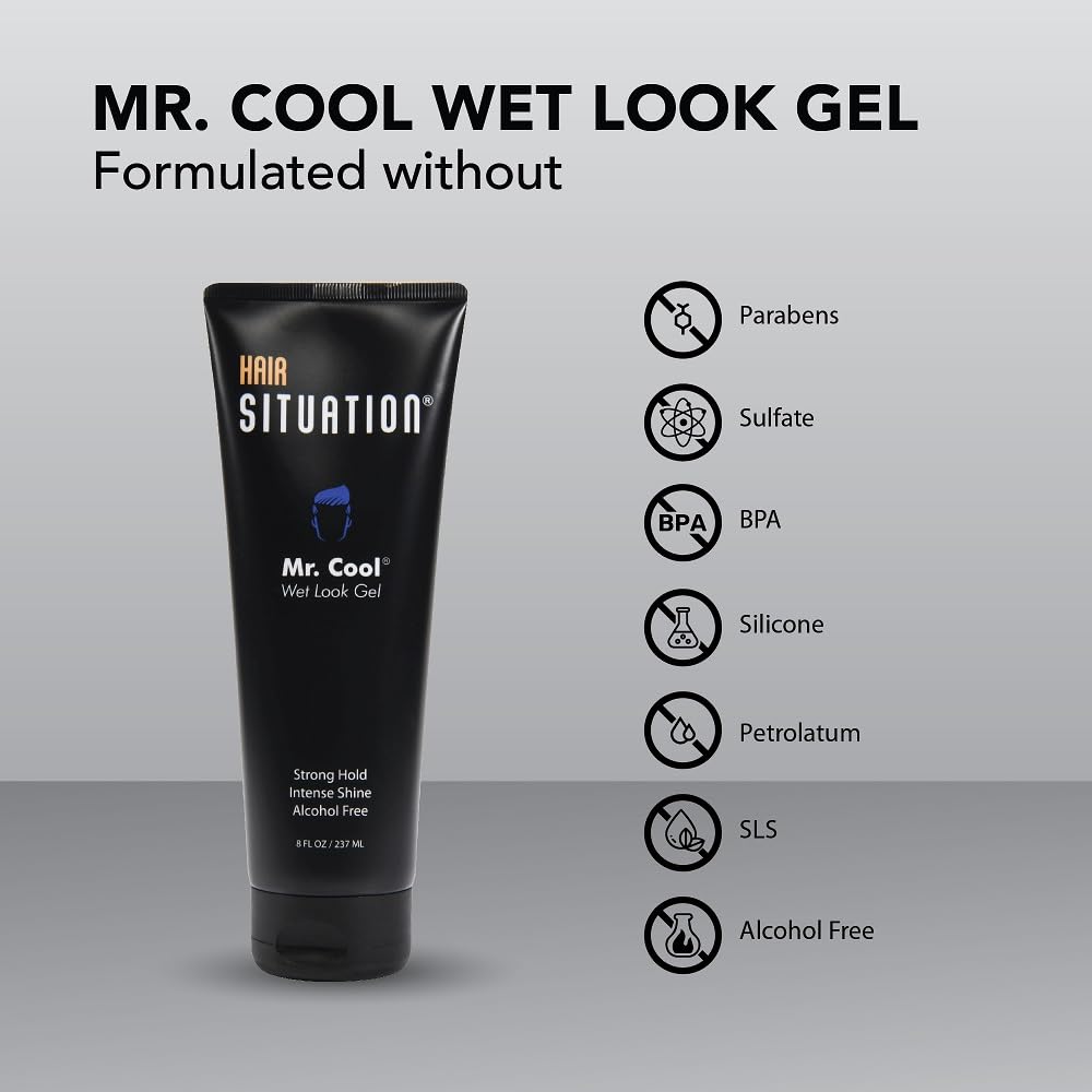 Slicked-back style with Hair Situation Mr. Cool Wet Look Gel and defined shape