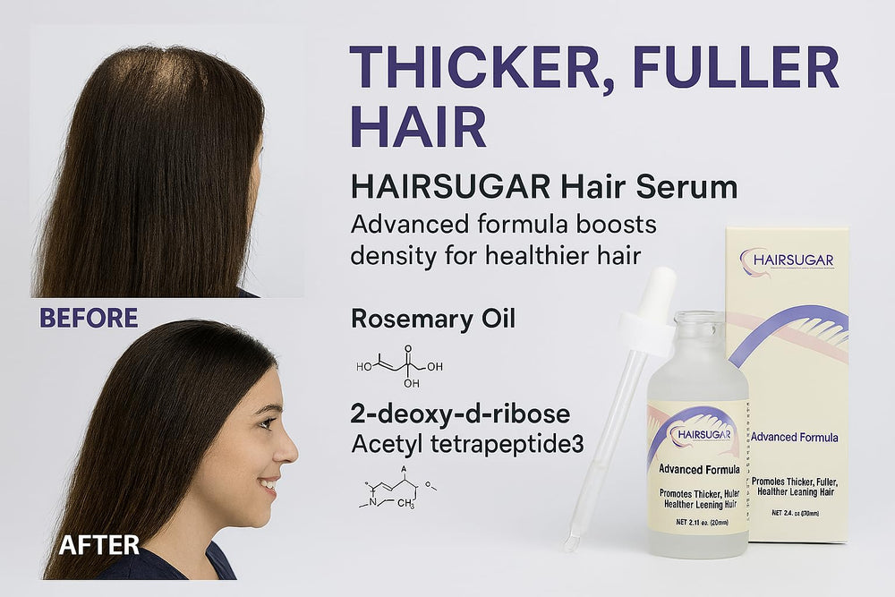 Hair Sugar texture close-up shows lightweight, non-greasy serum.