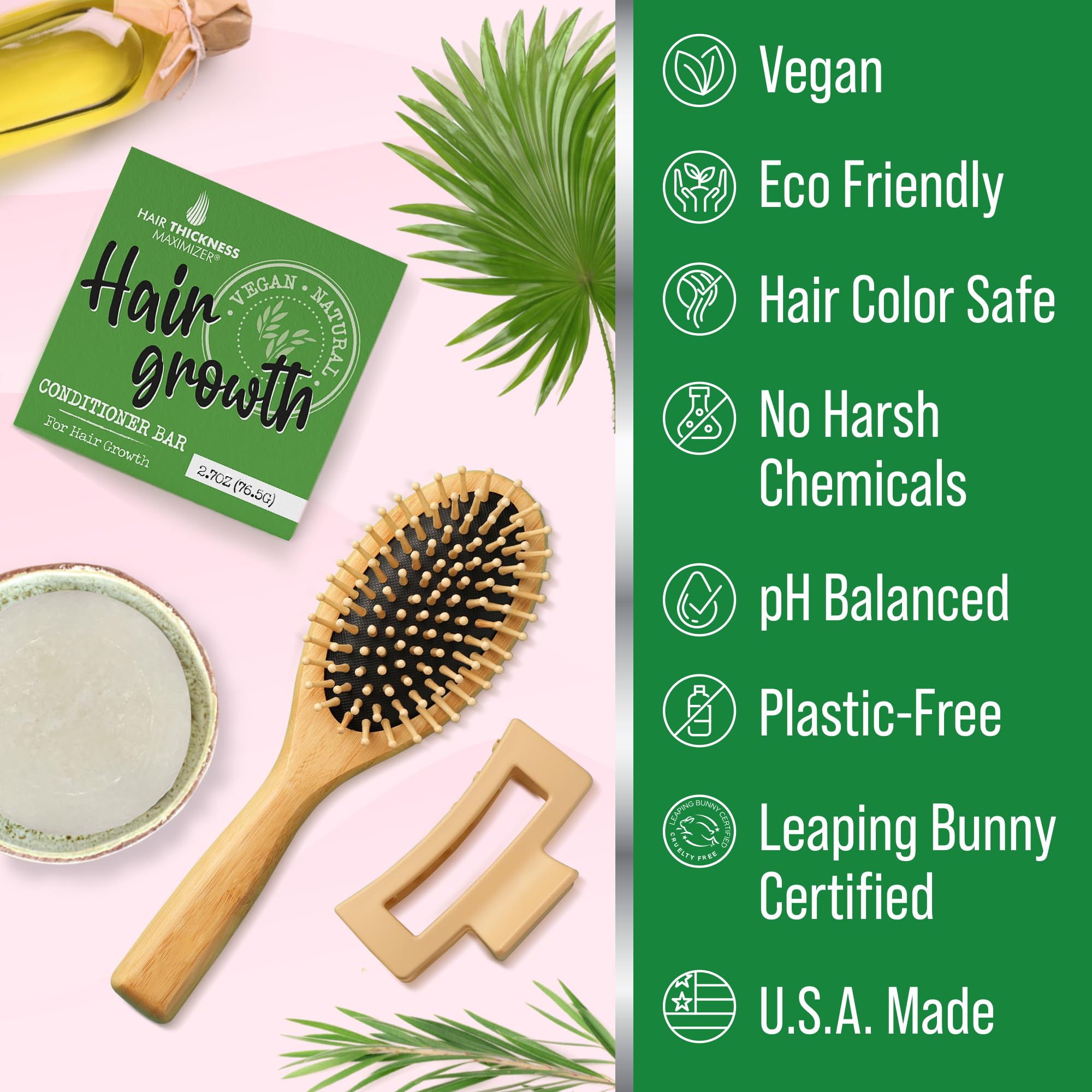 Hair Thickness Maximizer conditioner bar on bathroom counter, plastic-free solution
