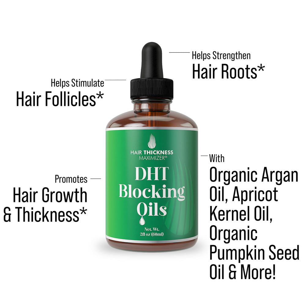 Hair Thickness Maximizer DHT Blocker Serum with argan oil ingredients for nourishment.