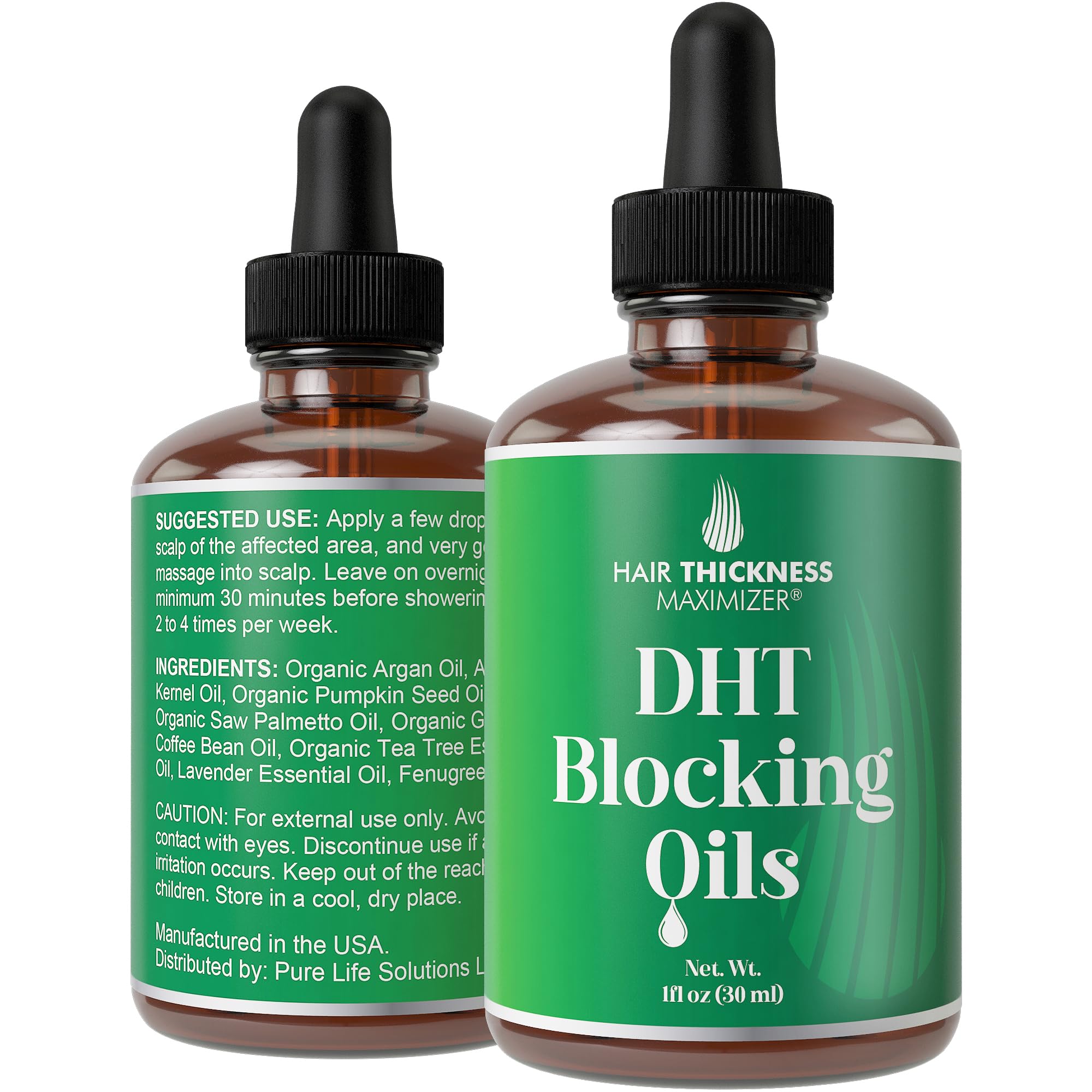 Hair Thickness Maximizer DHT serum bottle showing vegan, unscented formula for healthier hair