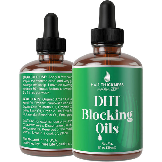 Hair Thickness Maximizer DHT serum bottle showing vegan, unscented formula for healthier hair