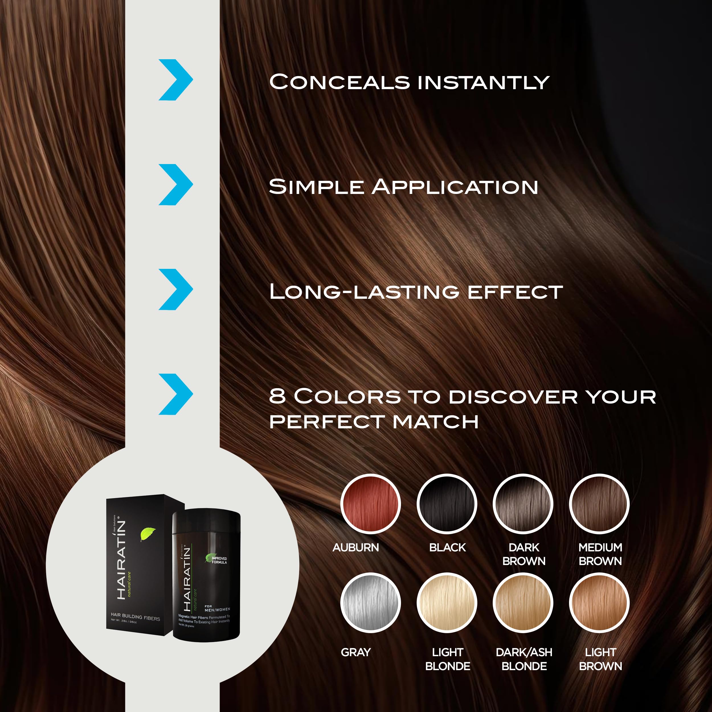HAIRATIN keratin fibers blend with natural hair for seamless coverage.