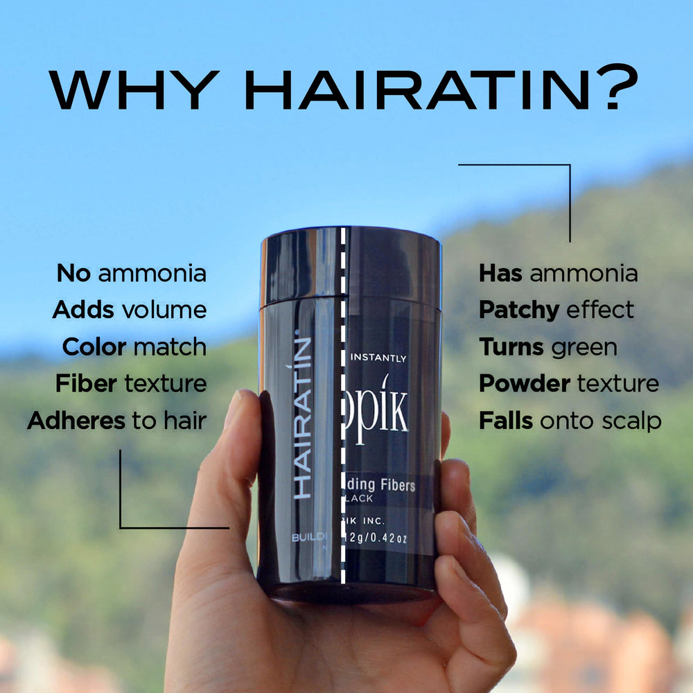 HAIRATIN fibers made from keratin and cotton for realistic color match.