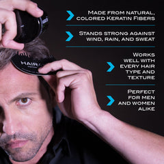 HAIRATIN weather-resistant fibers stay put in rain or sweat.