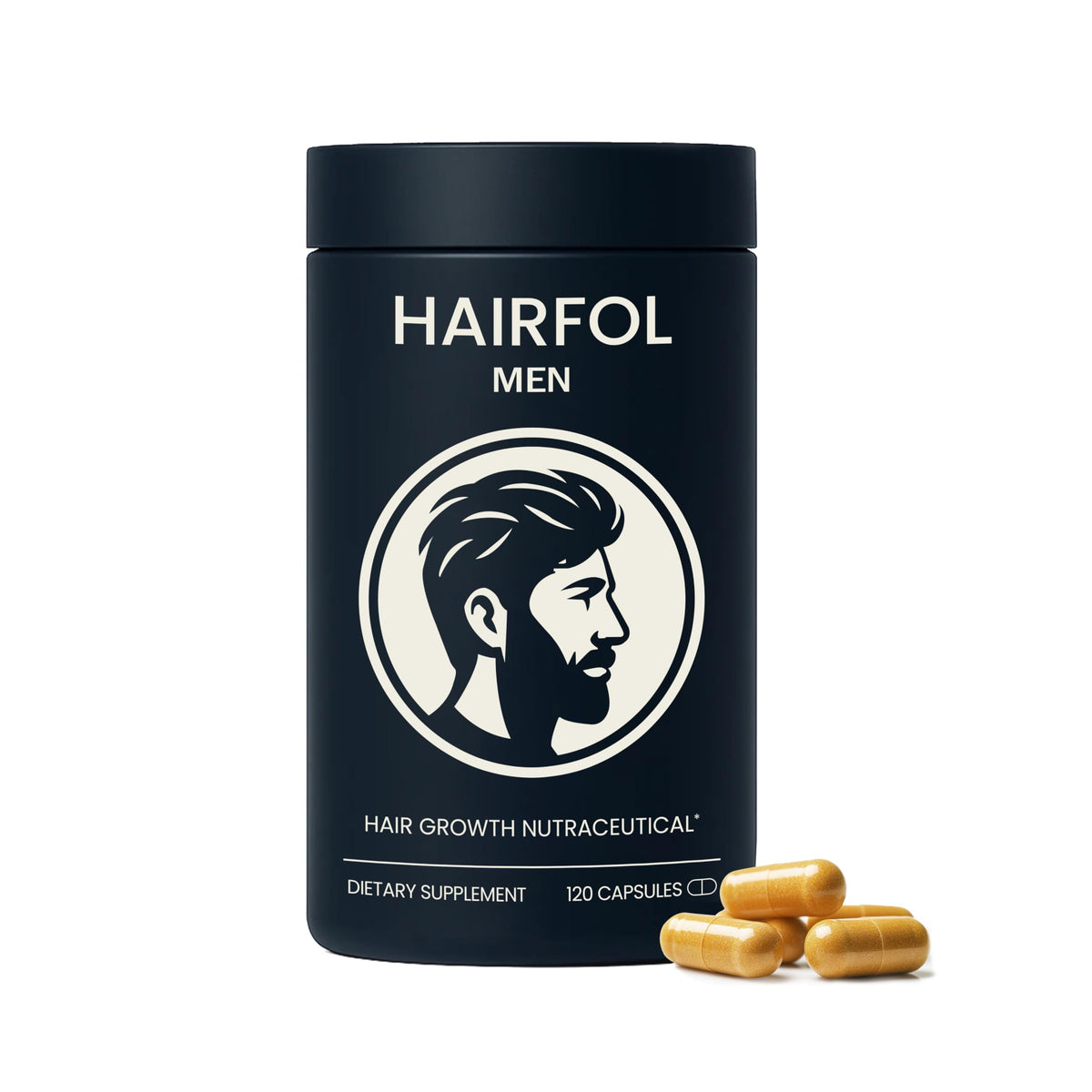 Hairfol bottle-front: daily hair growth support for men with visible fullness potential.