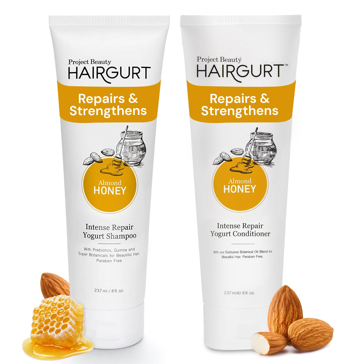 Hairgurt almond-honey shampoo bottle highlights nourishing formula for dry hair