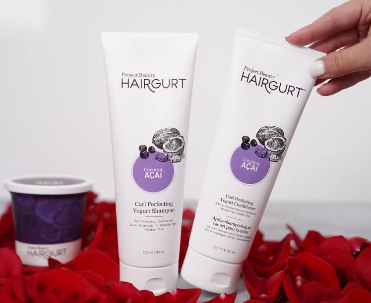 Hairgurt Coconut Acai Curl Perfecting Conditioner bottle nourishes and softens curls.
