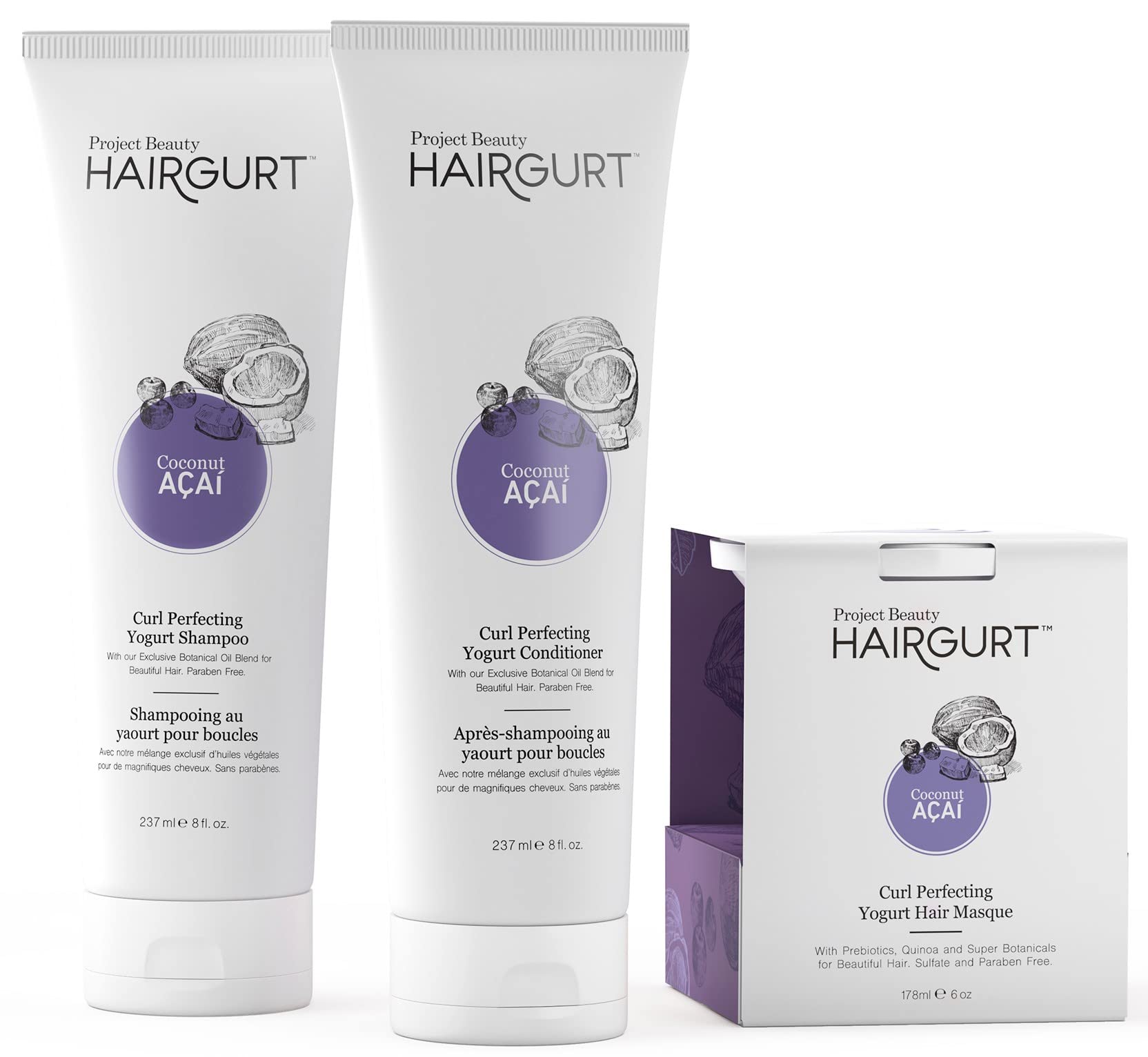 Hairgurt Coconut Acai Curl Perfecting Shampoo bottle enhances manageability and definition.