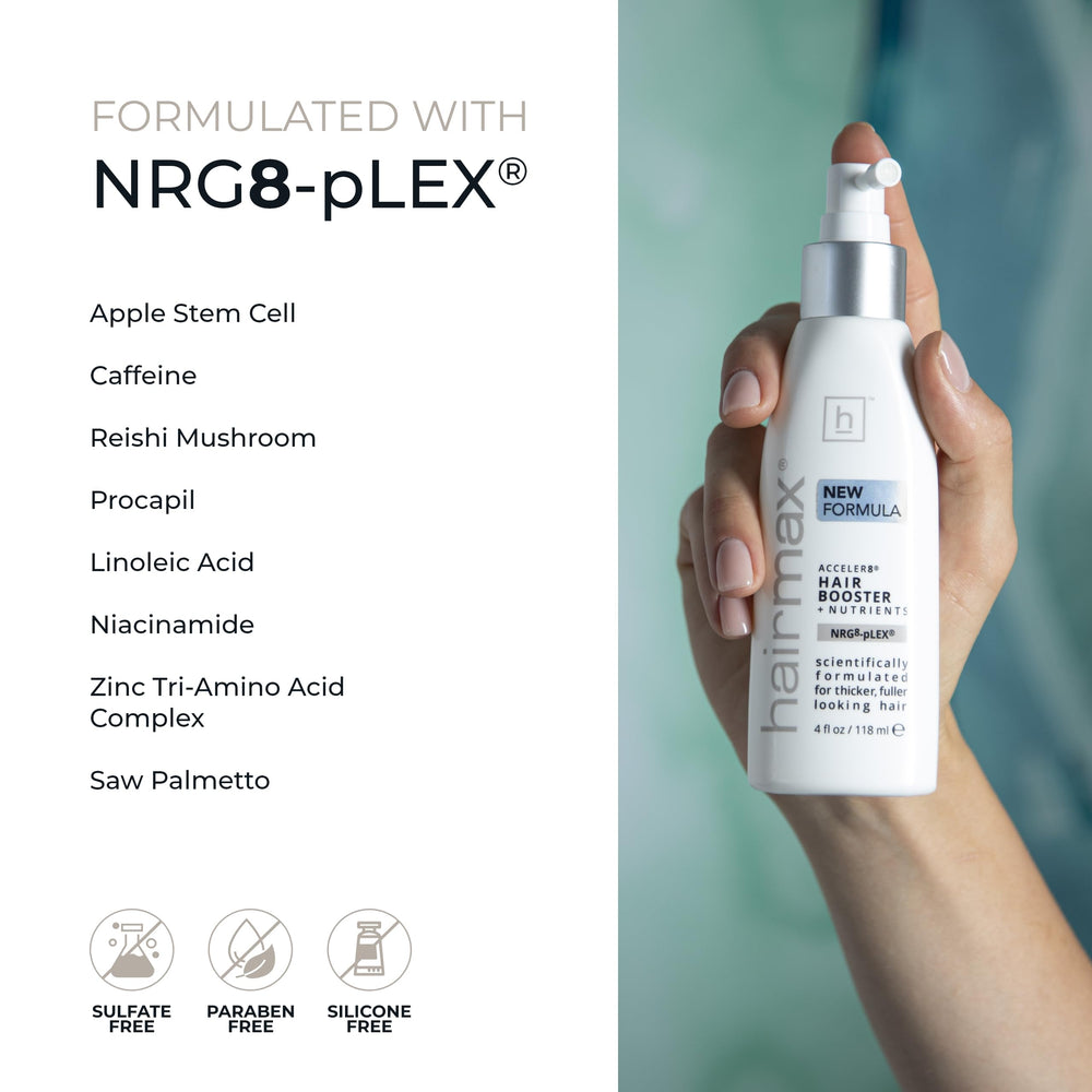 Hairmax Acceler8 bottle pouring spray during application on the scalp