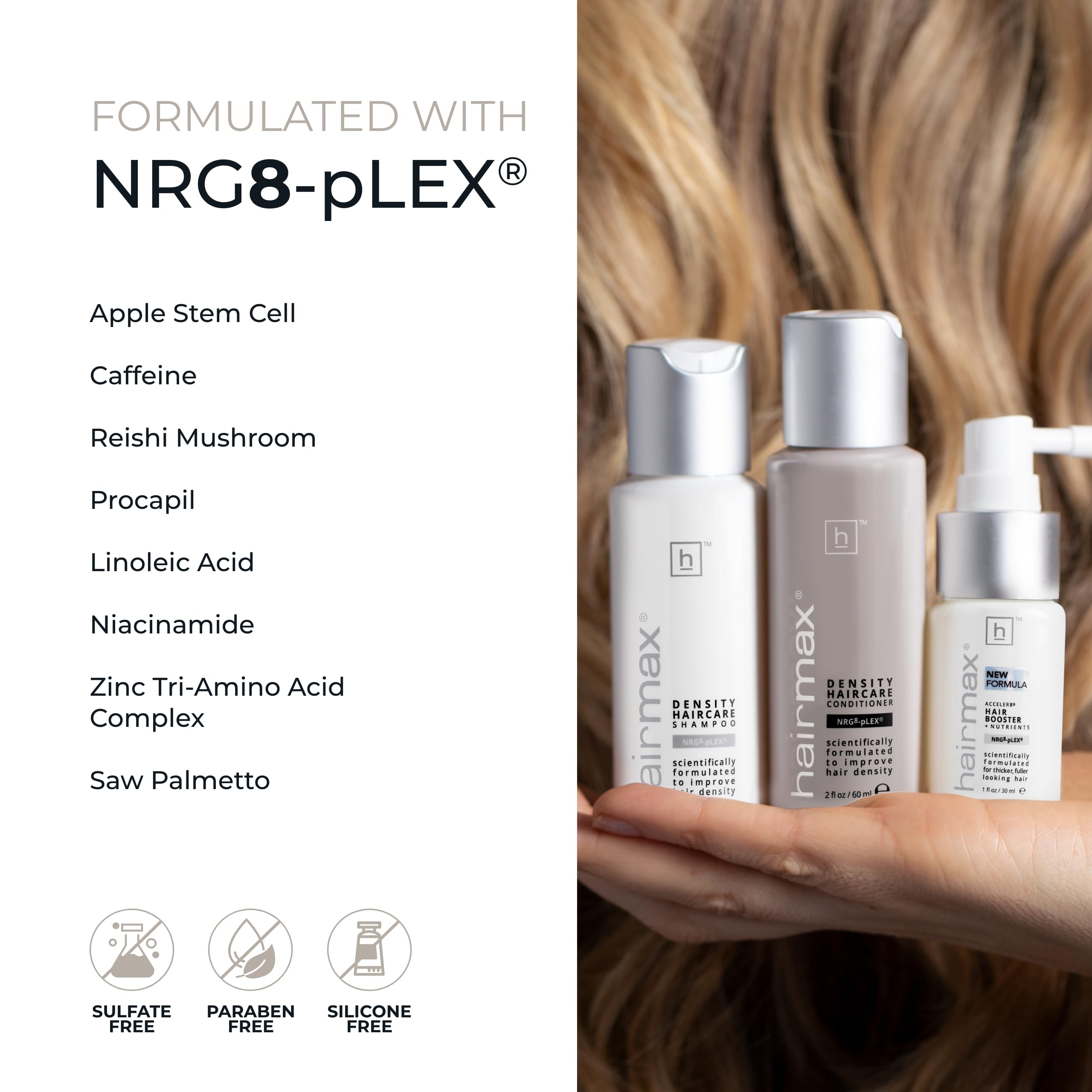Hairmax Acceler8 Hair Booster bottle illustrates root lift.