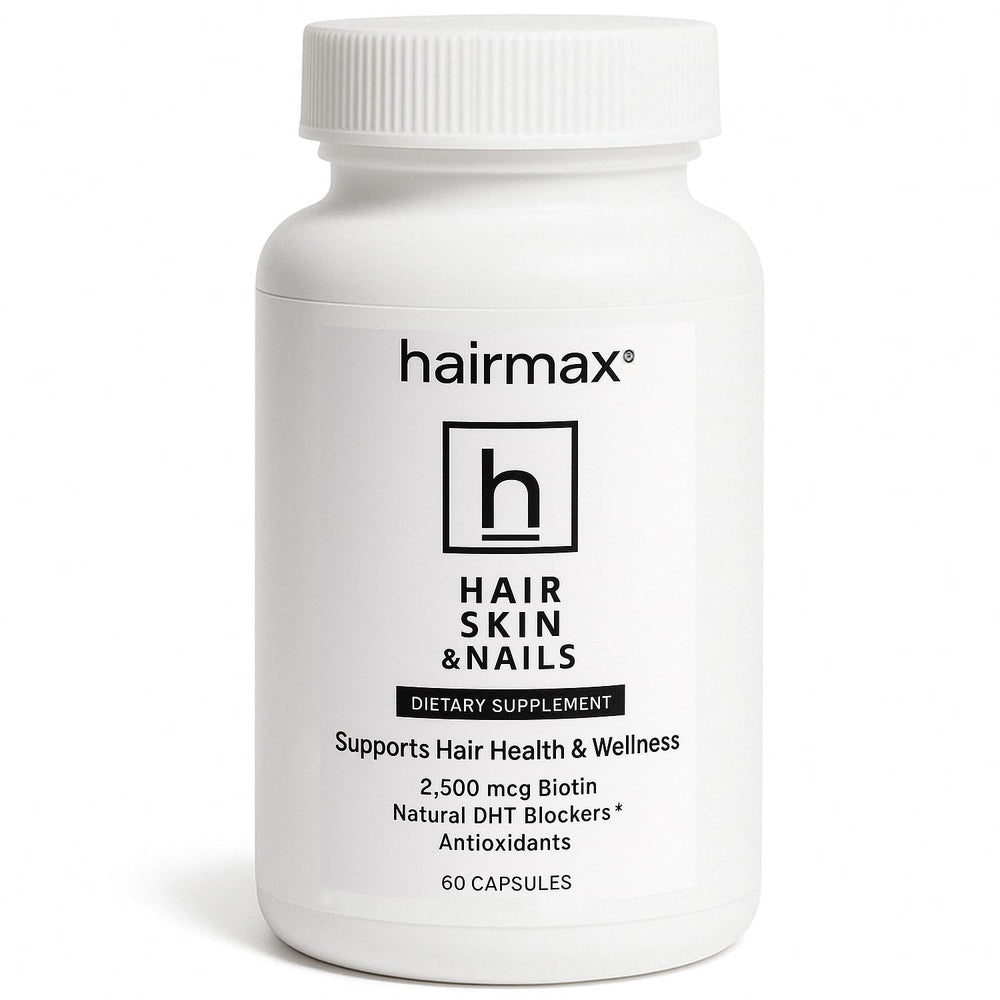 Hairmax bottle front shows premium hair, skin and nails supplement for daily vitality.