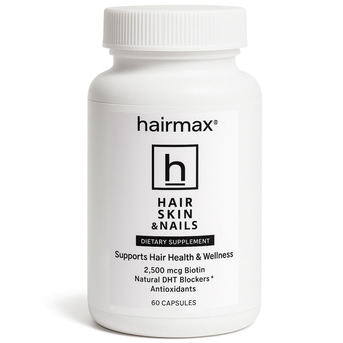 Hairmax bottle front shows premium hair, skin and nails supplement for daily vitality.