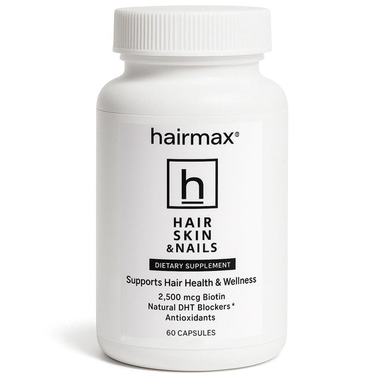 Hairmax bottle front shows premium hair, skin and nails supplement for daily vitality.