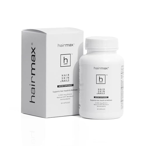 Hairmax capsules closeup highlighting 60-count biotin and MSM for hair support.