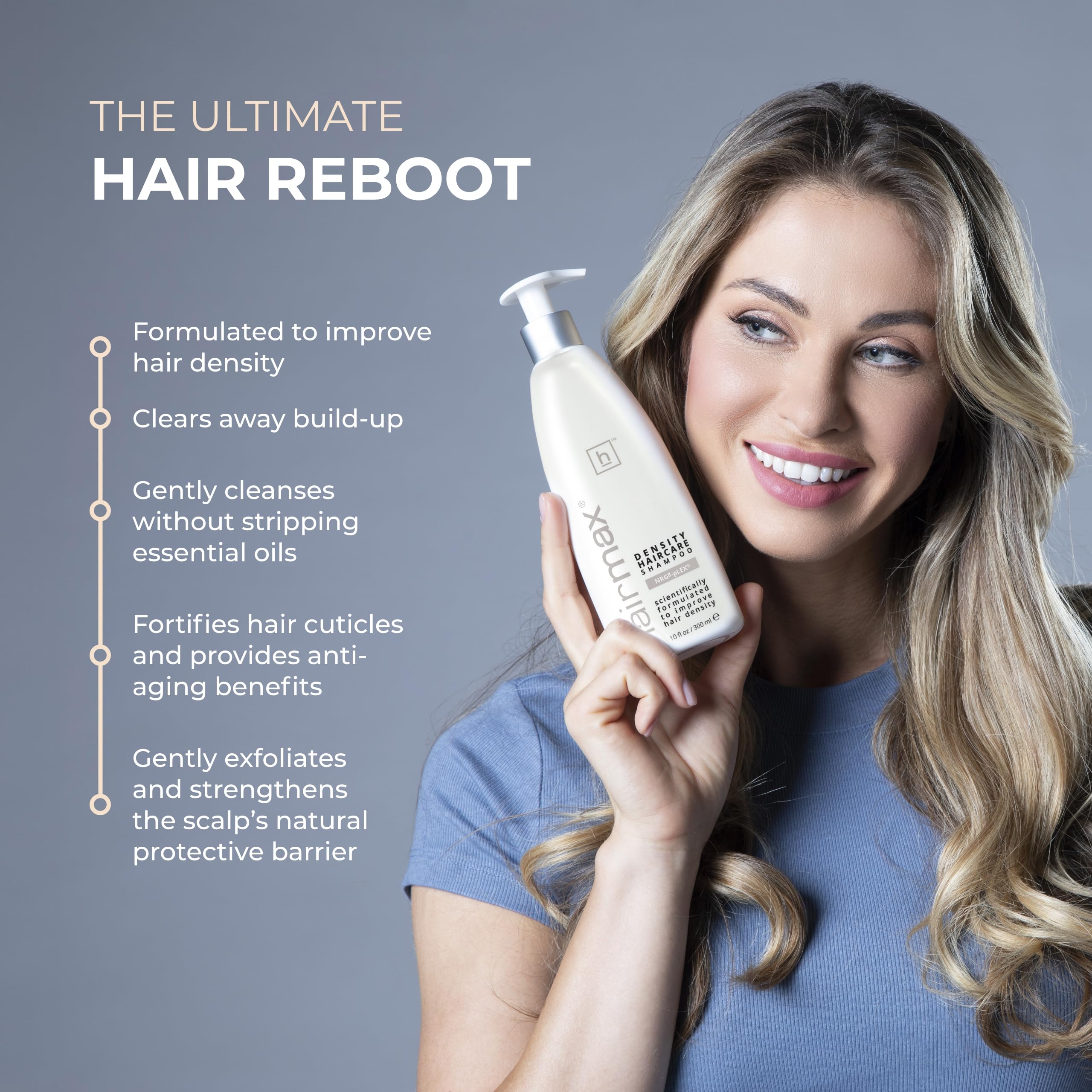 Hairmax Density Shampoo 10oz packaging on a shelf for display