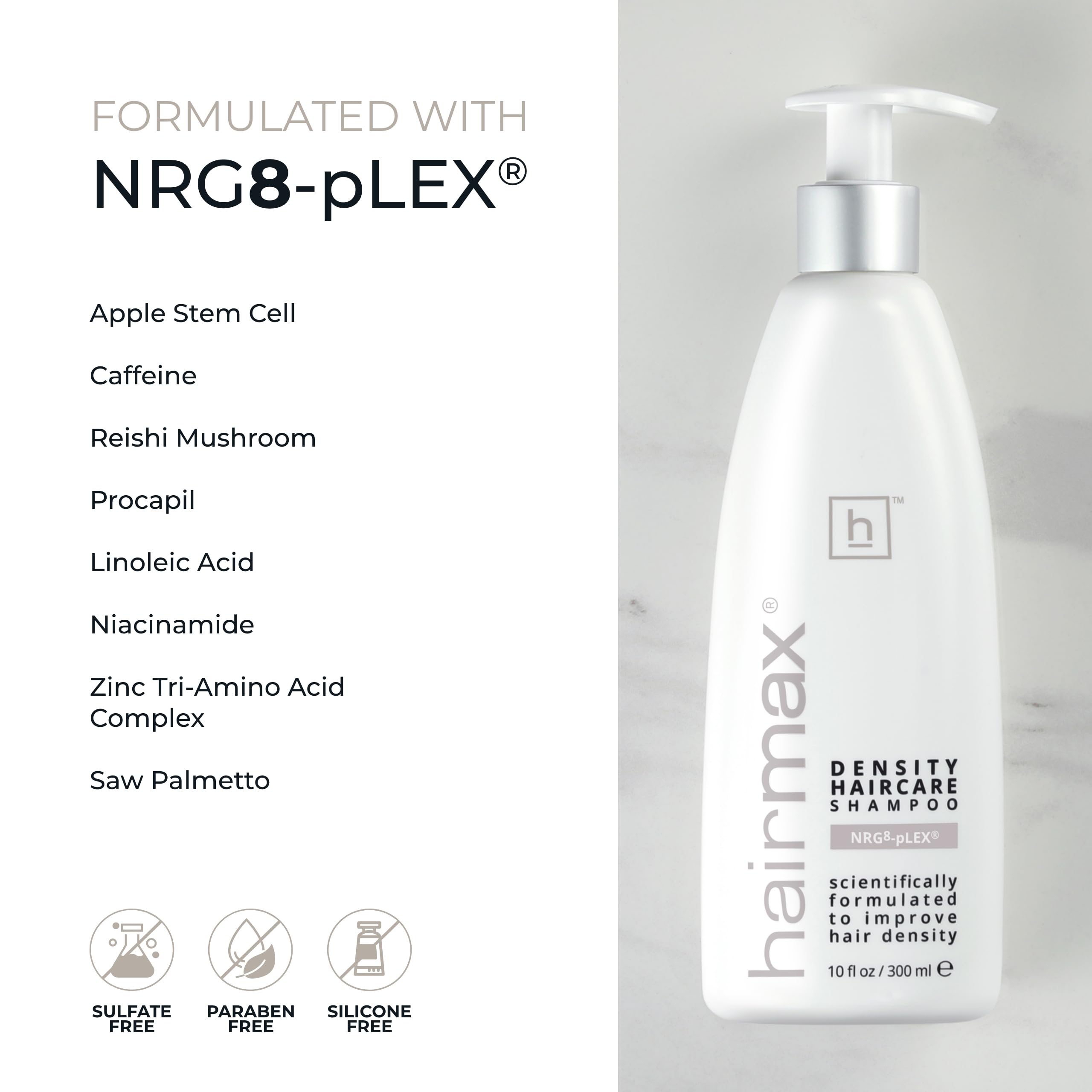 Hairmax Density Shampoo in a bathroom vanity setting for daily cleansing