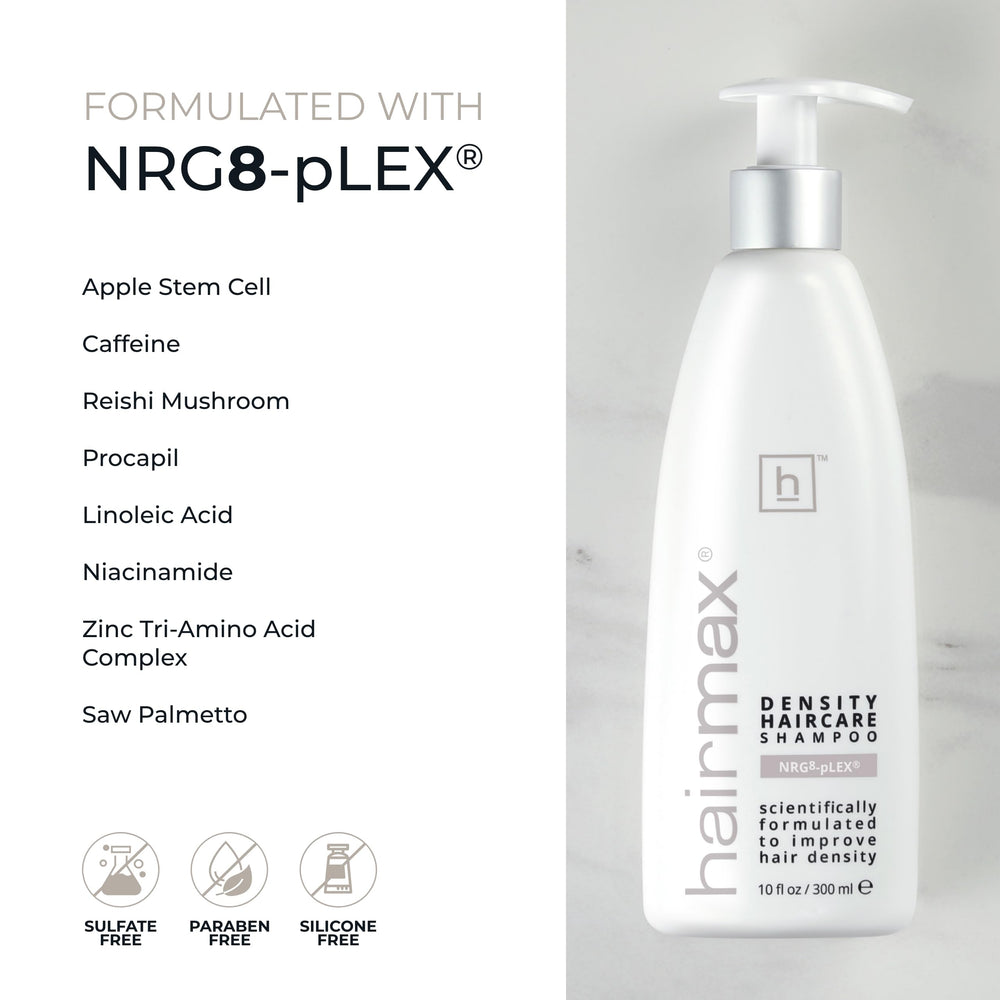 Hairmax Density Shampoo in a bathroom vanity setting for daily cleansing