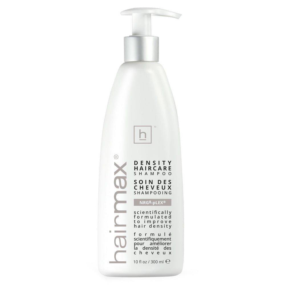 Hairmax Density Shampoo bottle closeup showing premium scalp-care formula for thinning hair