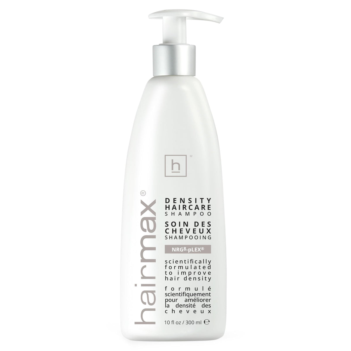 Hairmax Density Shampoo bottle closeup showing premium scalp-care formula for thinning hair