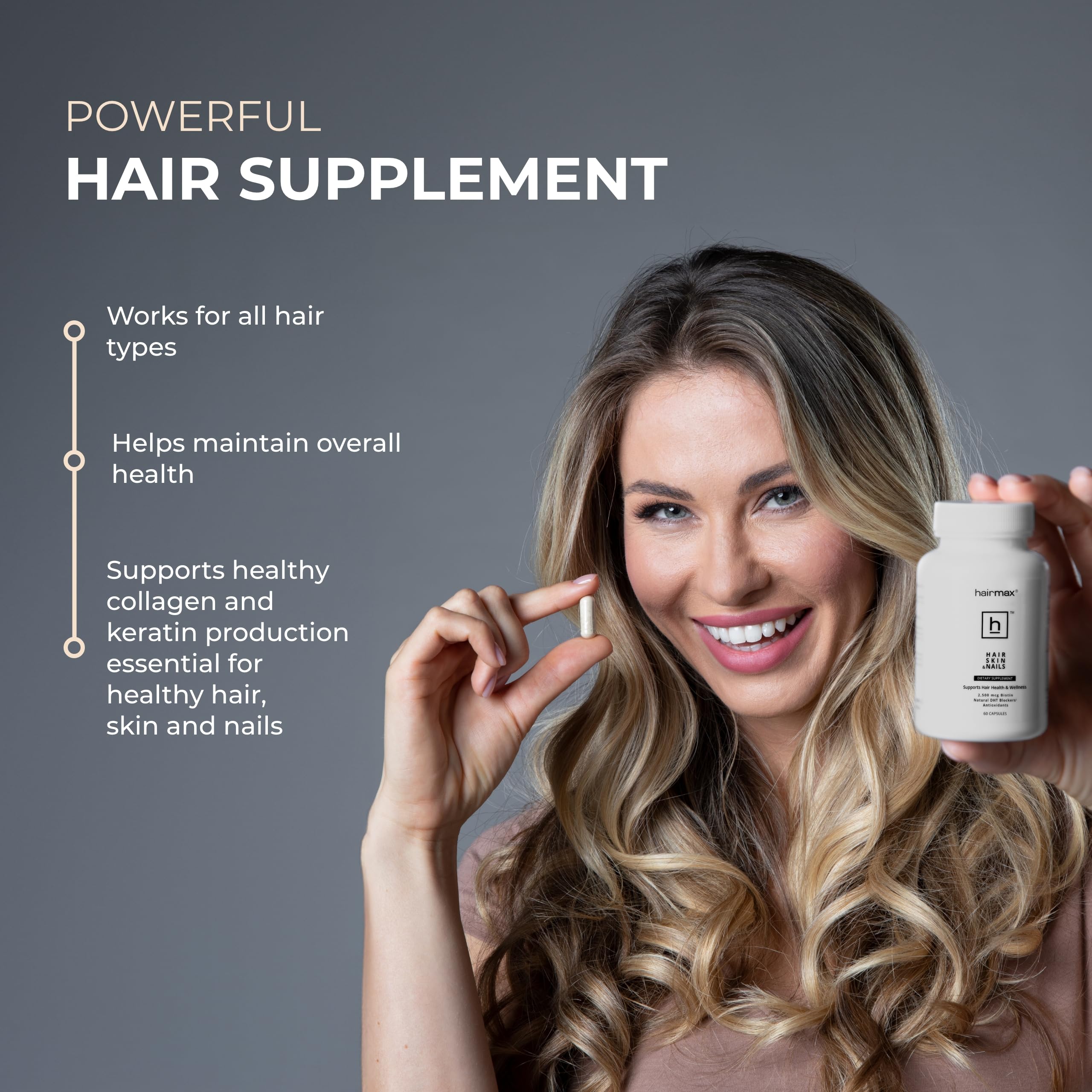 Hairmax product on shelf display emphasizes all-hair-types support.