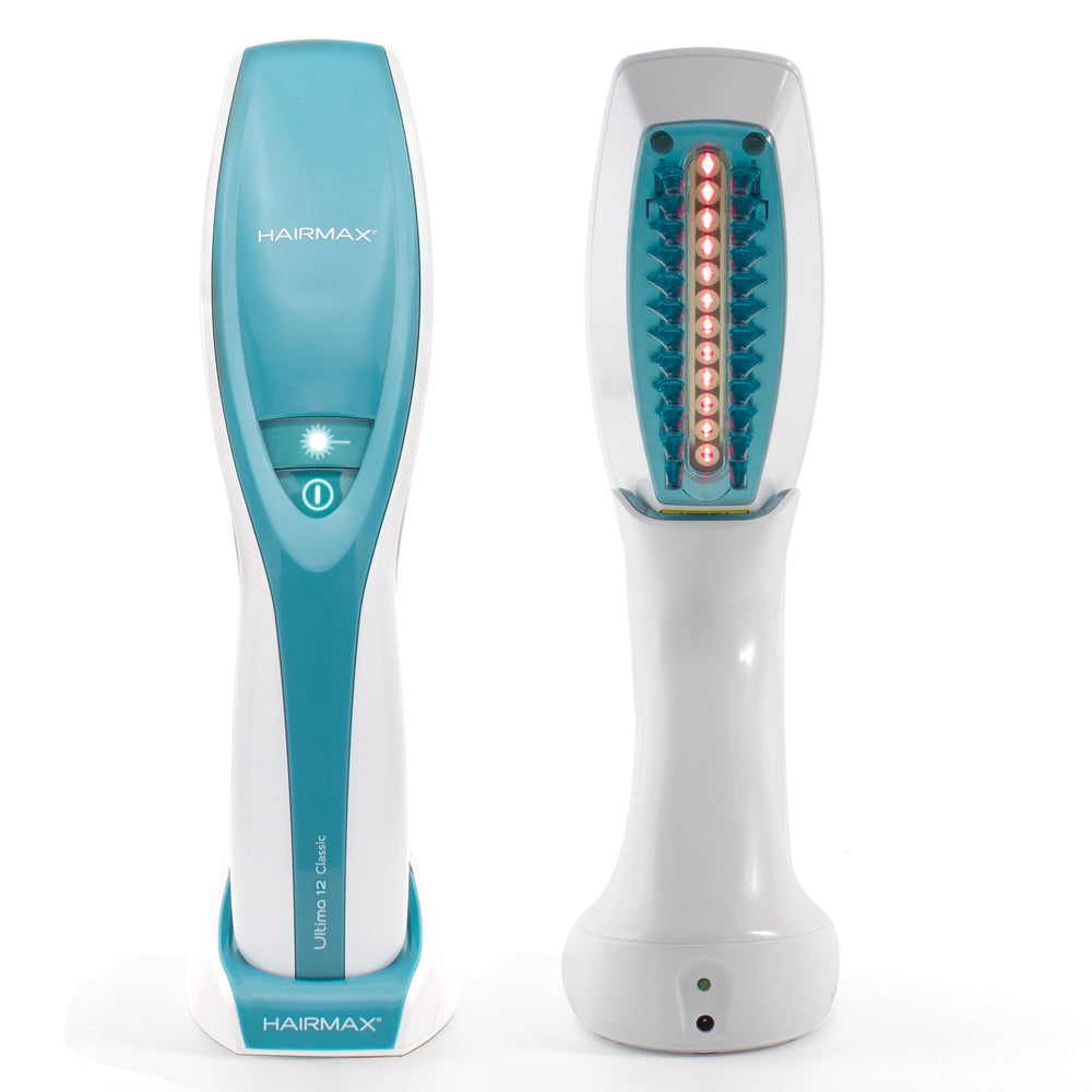 HairMax Ultima 12 Classic LaserComb front view showing cordless design for home use.