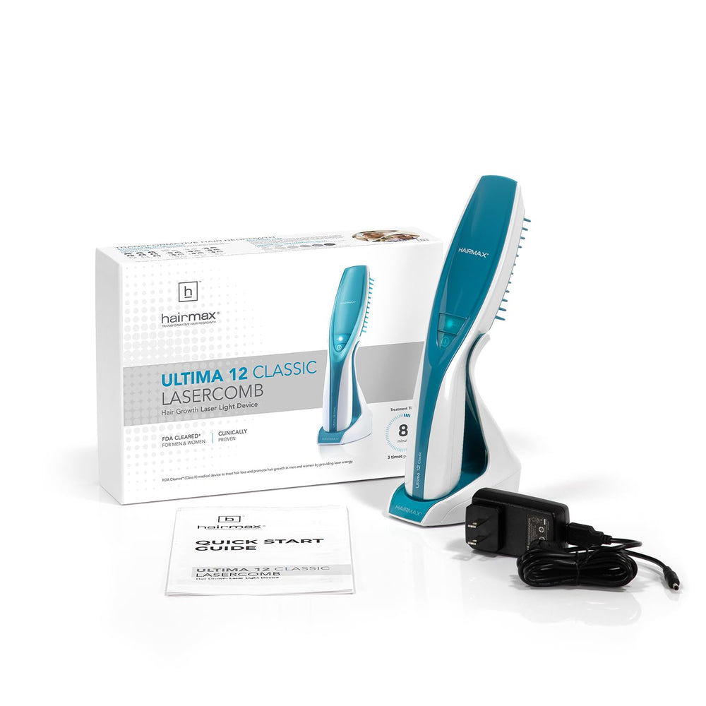HairMax Ultima 12 Classic LaserComb for men targets thinning areas with red light therapy.