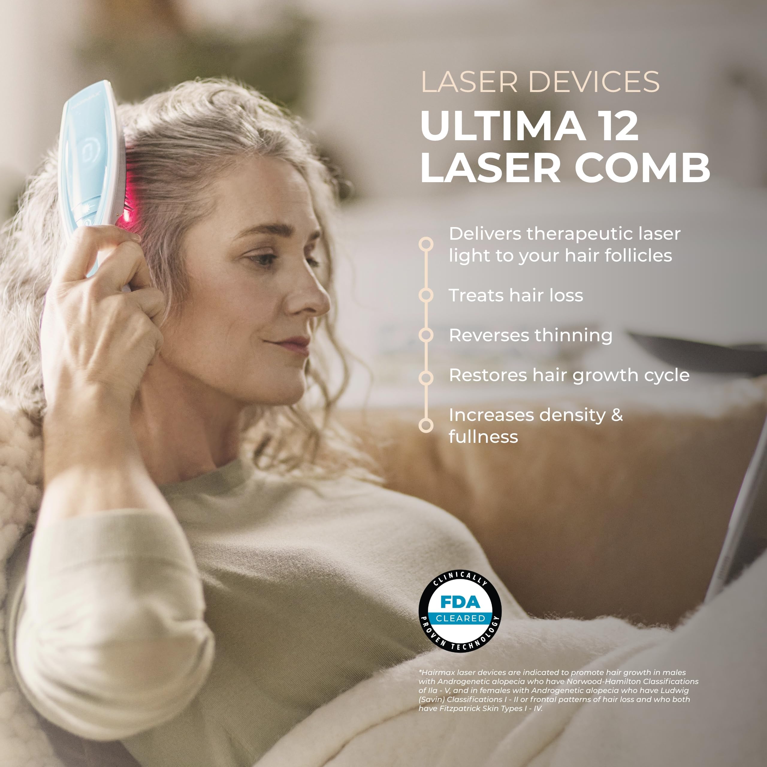 Hairmax Ultima 12 LaserComb side view highlighting a compact form for travel.