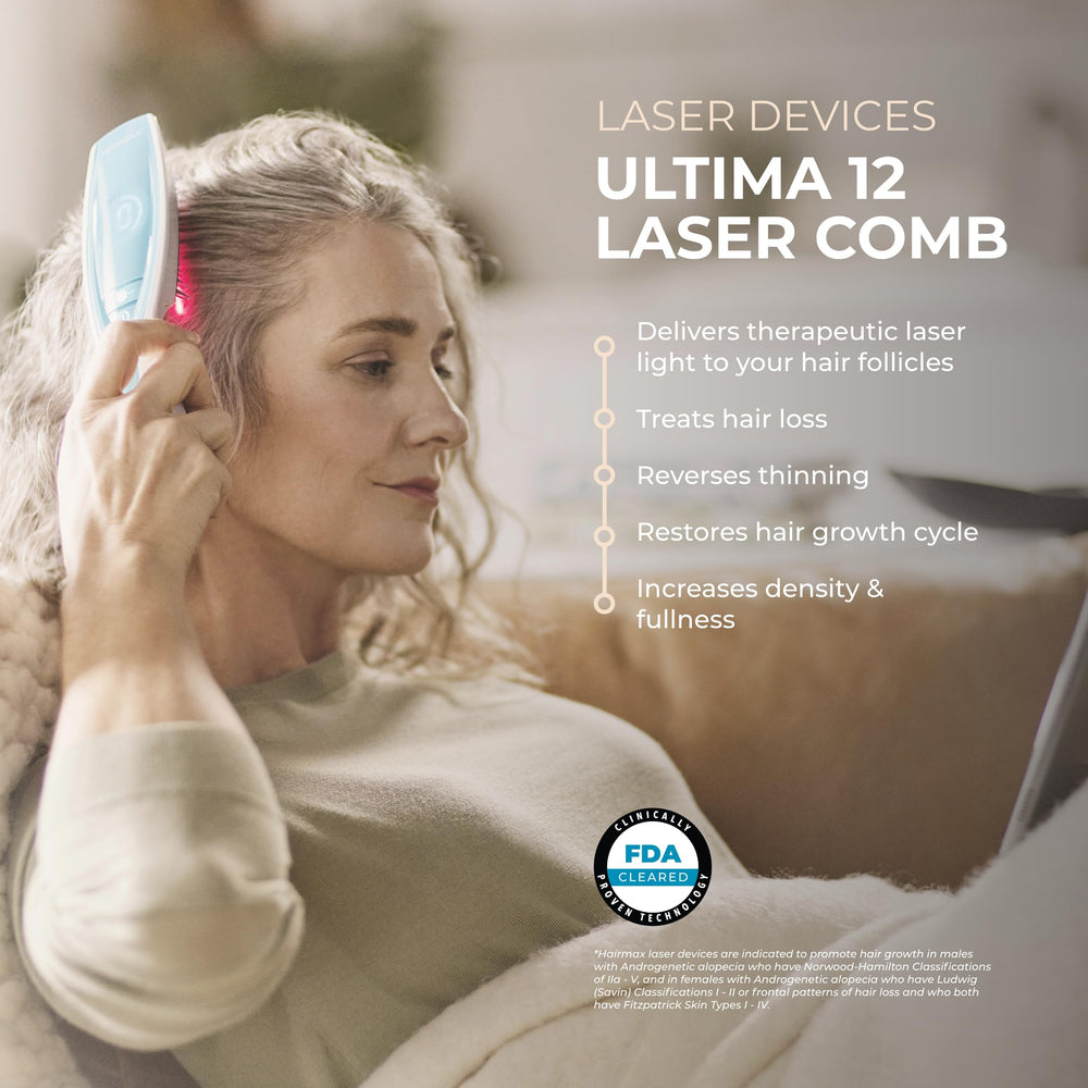 Hairmax Ultima 12 LaserComb side view highlighting a compact form for travel.